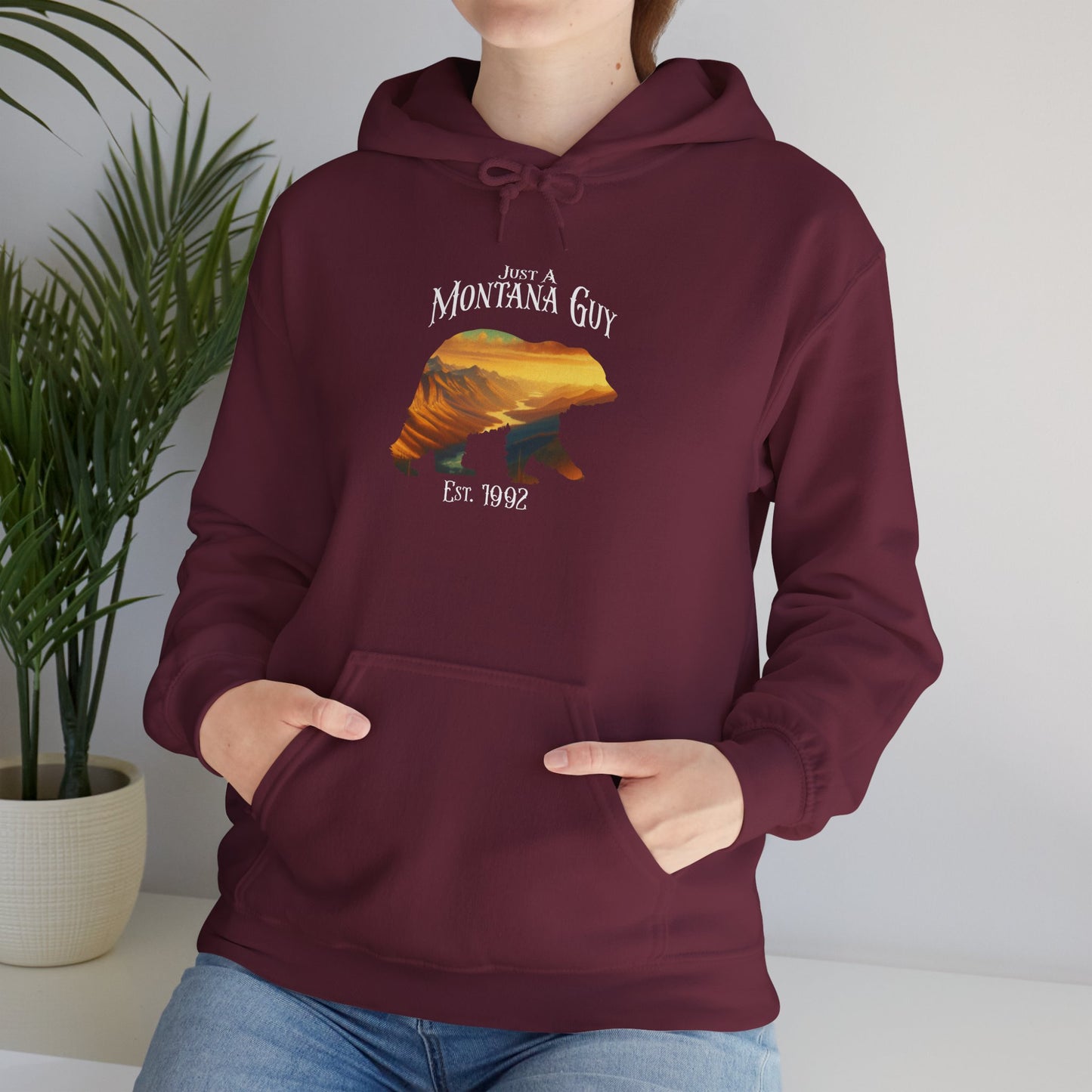 Just A Alpenglow Horizon Bear Blue Montana Guy Hooded Sweatshirt
