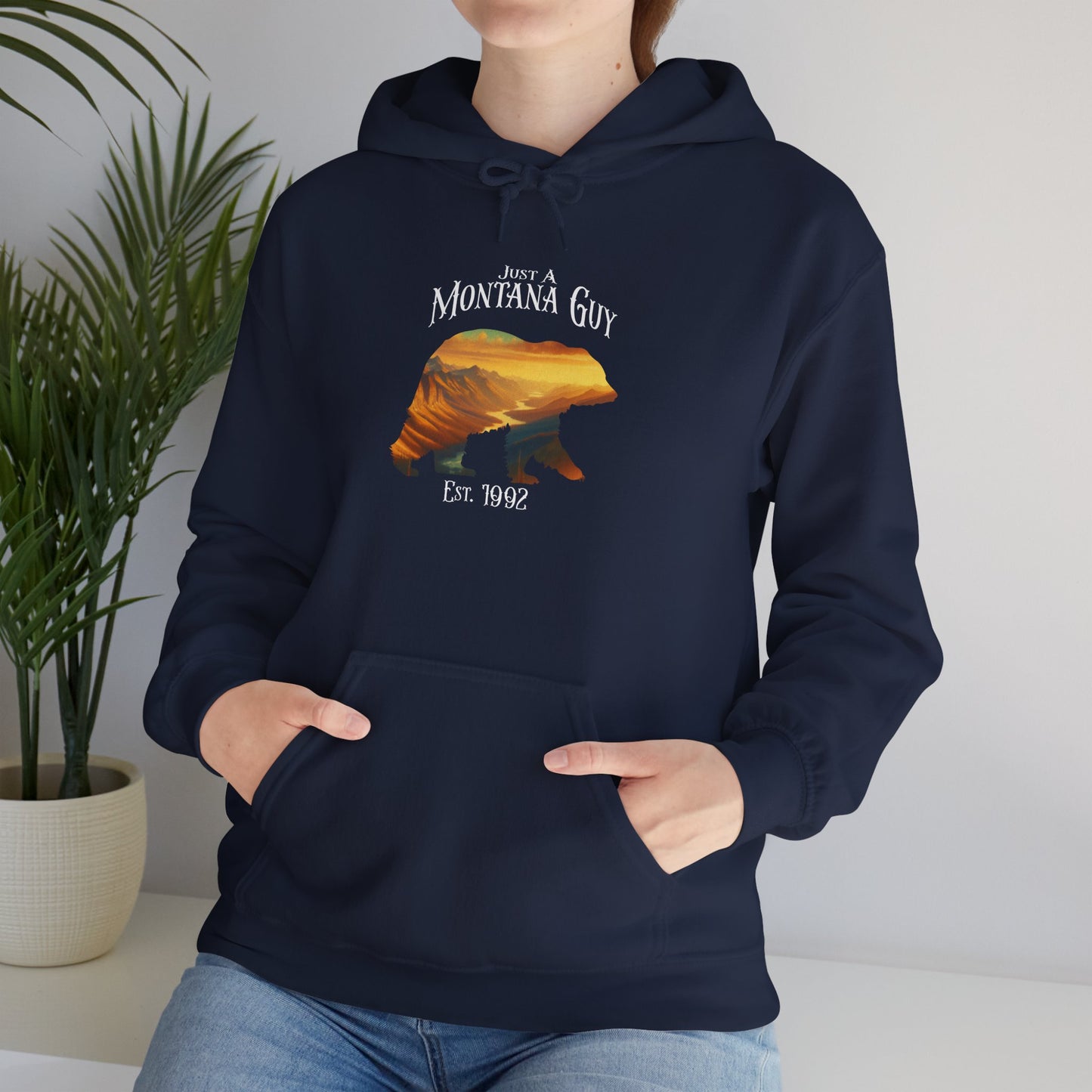 Just A Alpenglow Horizon Bear Blue Montana Guy Hooded Sweatshirt