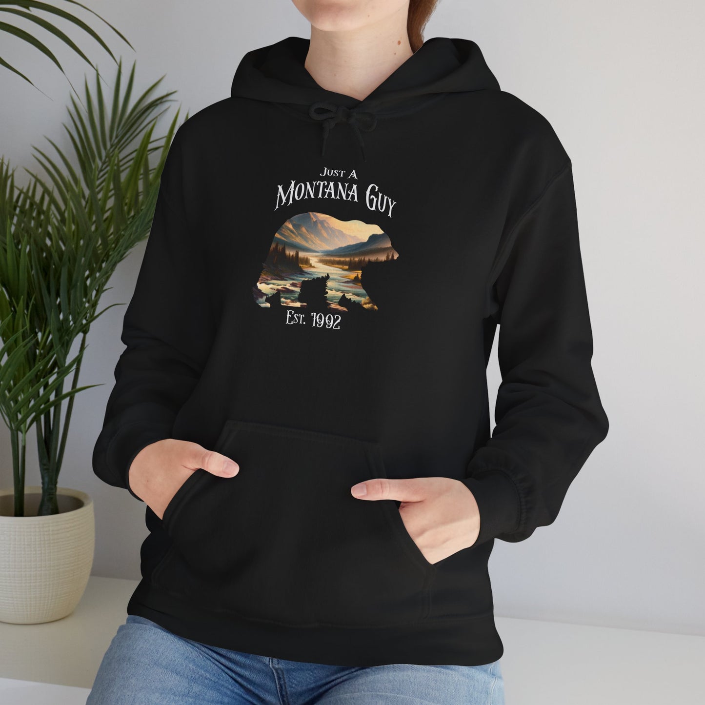 Just a Whispering River Bear Montana Guy Hooded Sweatshirt